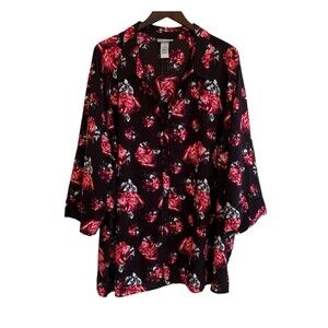 Catherines Womens Dark Floral Top Size 4X 30/34W 3/4 Roll Tab Sleeve Roses